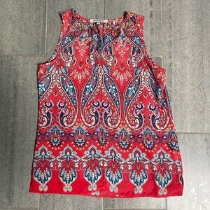 Rose + Olive Sleeveless V-Neck Flowy Blouse Top Pink Pattern Size XS